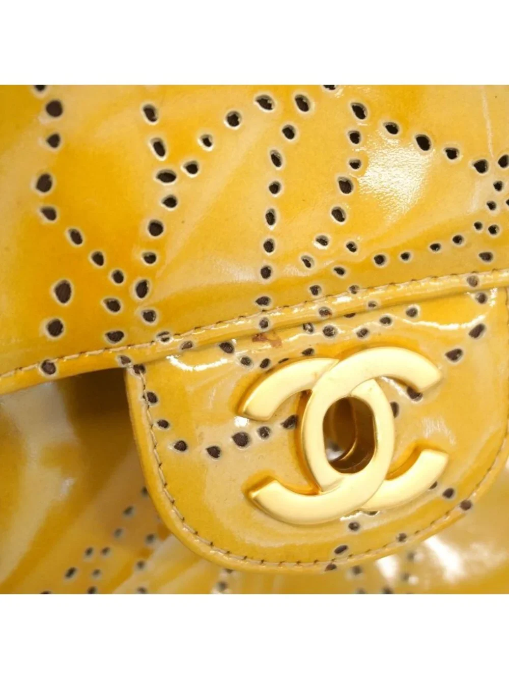 Chanel Shoulder Bag Perforated Patent Leather Yellow Gold